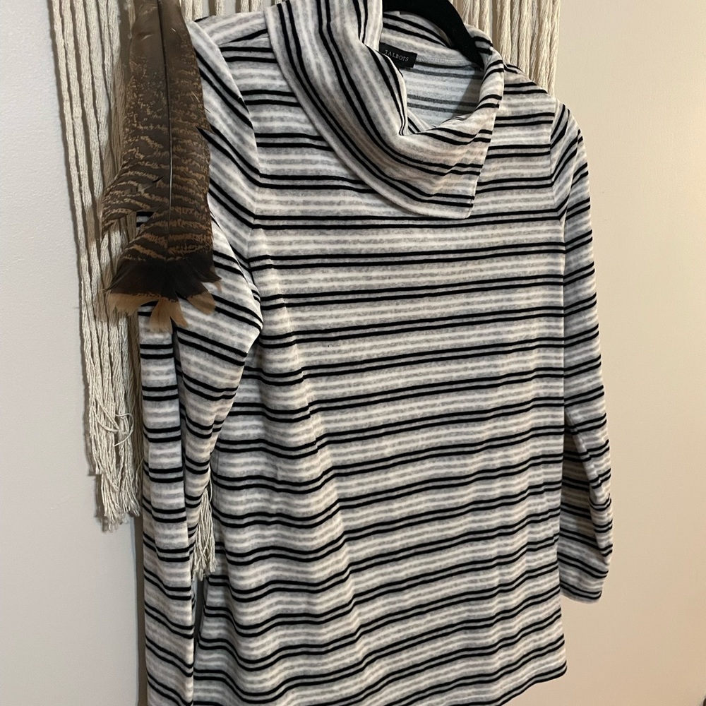 Talbots Black and White Striped Cowl Neck Sweater